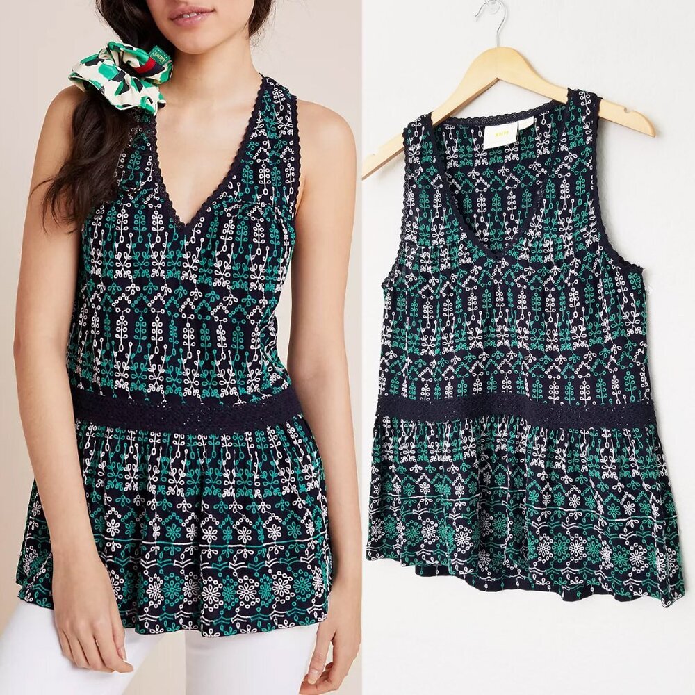Anthropologie Maeve Cammie Embroidered Peplum Top XS V Neck Preppy Boho Classic